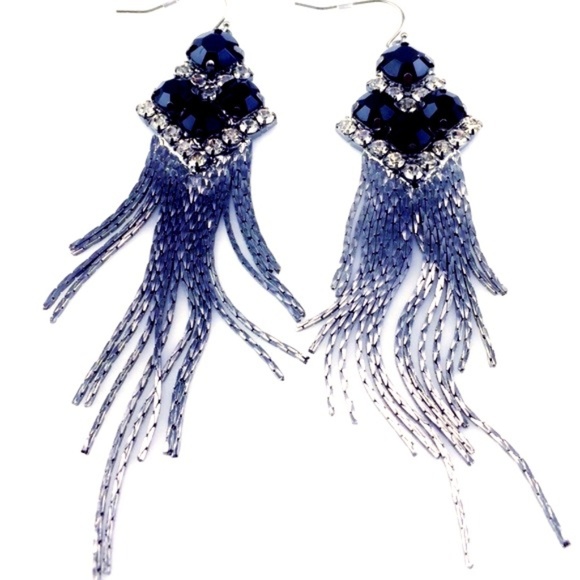 GUN METAL RHINESTONE FRINGE EARRINGS BLACK - Picture 1 of 1